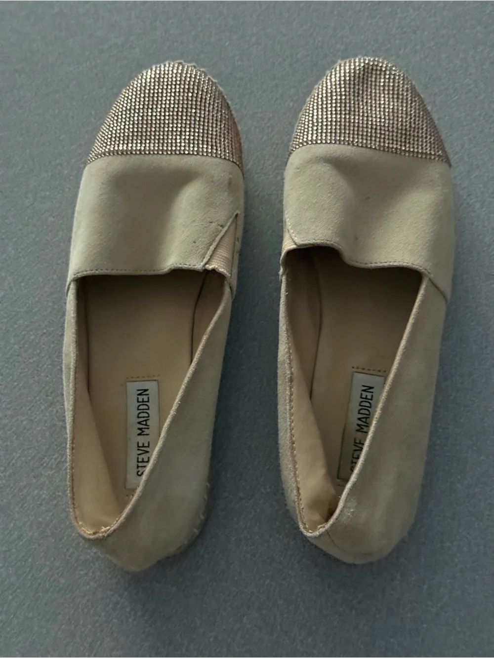Steve Madden Beige Suede Espadrille Slip-On with Gold Embellished Toe 6.5
